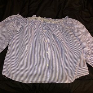 Light blue, long sleeve, off shoulder top.